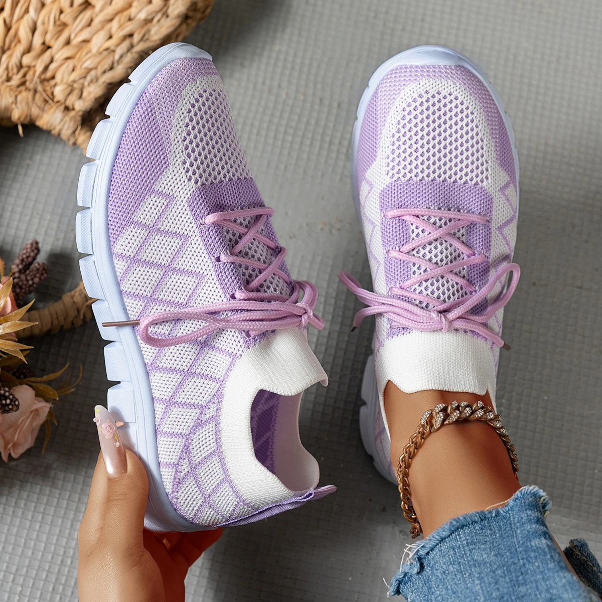Knit Fabric Lace Up Sneakers - Sepatu Sneakers Rajut Wanita, Pola Belah