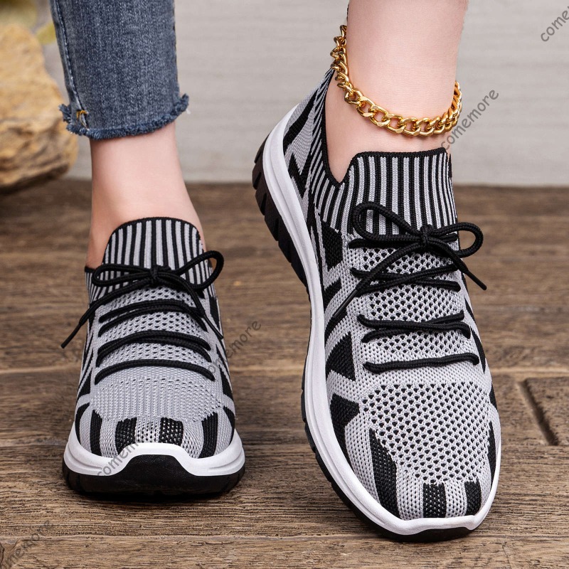 Knit Fabric Lace Up Sneakers - Sepatu Slip-On Rajut Wanita Sepatu Jalan