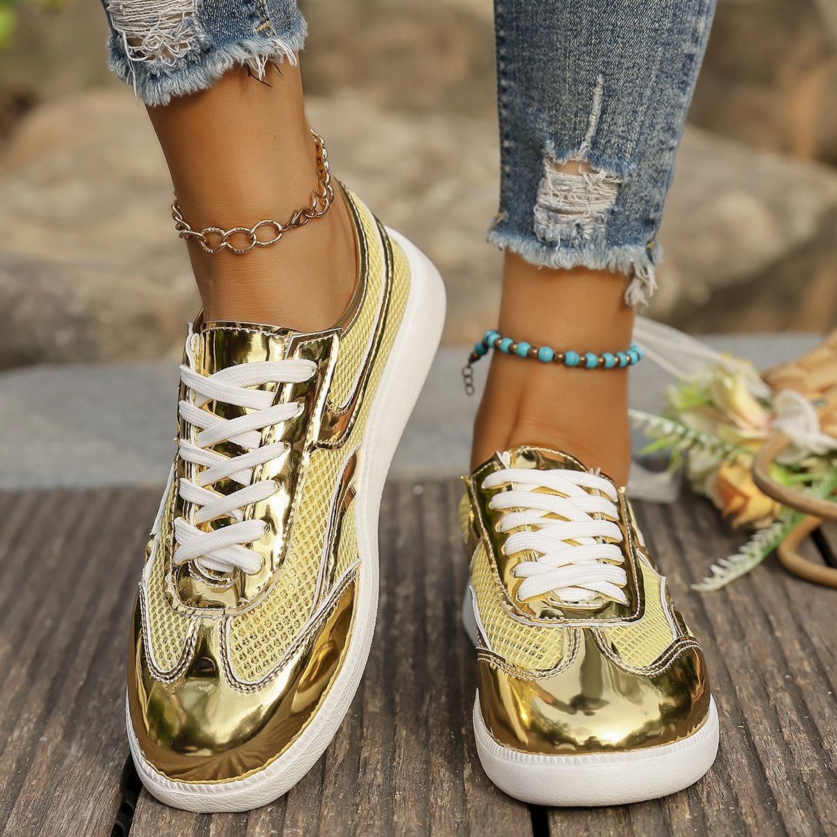 Sepatu Kets Wanita Baru Sepatu - Knit Fabric Lace Up Sneakers ulasan dan harga