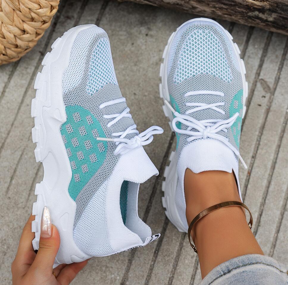 Sepatu Olahraga Wanita Berbaha - Knit Fabric Lace Up Sneakers ulasan dan harga