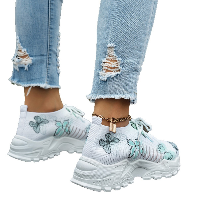 Sepatu kets jaring motif kupu- - Knit Fabric Lace Up Sneakers ulasan dan harga